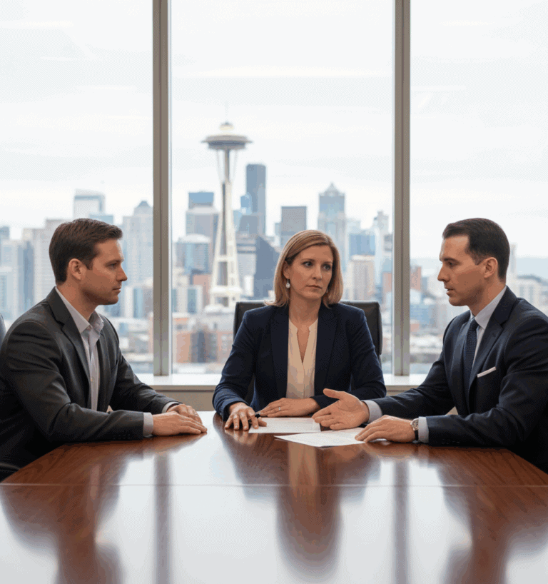Divorce lawyer meeting with a couple in a Seattle office, with the Space Needle visible in the background
